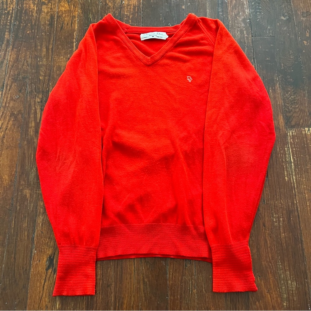 Christian Dior Women's Red Pullover Preppy V Neck Sweater Size M